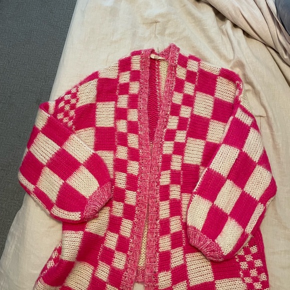 Pink Lily Oversized Cardigan pink checkered pattern Sz S-M - Picture 3 of 8